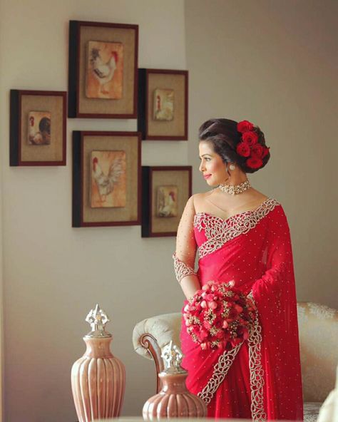 Dressed by Salon Ruchira Homecoming Saree, Home Coming Dresses, Saree Jacket Designs, Saree Jacket, Sri Lankan Wedding, Engagement Saree, Braid Long Hair, Red Sari, Bridal Mehndi Dresses