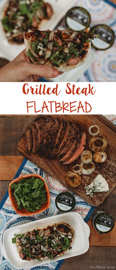 Steak Flatbread Recipes, Steak Flatbread Pizza, Steak Flatbread, Flatbread Ideas, Steak Blue Cheese, Bbq Flatbread, Bacon Onion Jam, Teriyaki Steak, Marinated Flank Steak