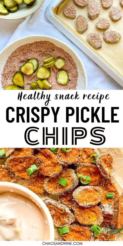 Healthy snack preparation showing dill pickle slices in breadcrumbs, a baking tray of unbaked chips, and golden crispy baked pickle chips—an ideal dill pickle appetizer recipe. What To Make With Pickles, Healthy Snacks Chips, Healthy Salty Snack Ideas, Recipes With Pickles, Pickle Snacks, Pickle Appetizers, Breakfast Sides Dishes, Pickle Recipes, Healthy Chips