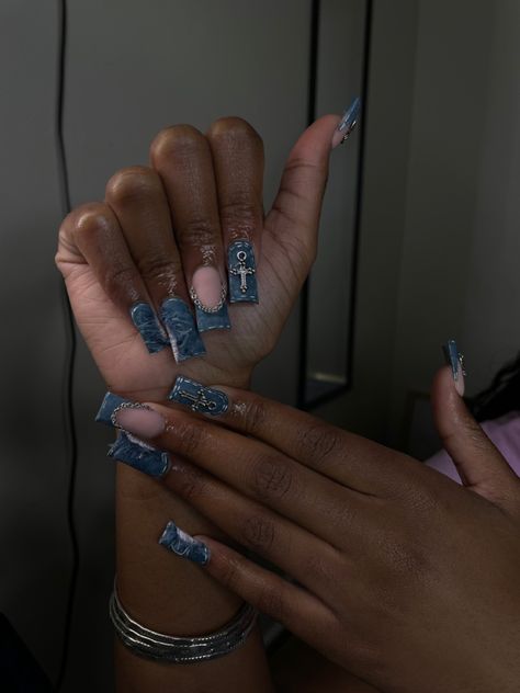 Short Denim Nails, Denim Acrylic Nails, Jean Nail Design, Denim Nail Designs, Blue Jean Nails, Denim Nails Acrylic, Blue Nails With Charms, Denim Nails Ideas, Dope Nail Designs Mid Length