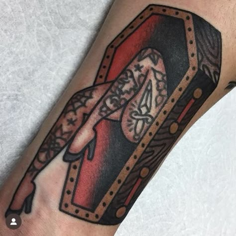 Coffin Tattoo Traditional, Traditional Coffin Tattoo, Traditional Tattoos Leg, Coffin Tattoos, Tattoos Reference, Coffin Tattoo, Cowboy Tattoos, Wicked Tattoos, Leg Tattoos Women