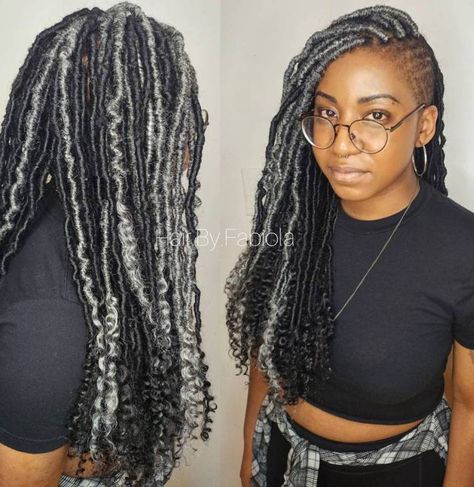 Black And Gray Faux Locs With Side Shave Gray And Black Locs, Grey Faux Locs Black Women, Gray Faux Locs, Goddess Locs Styles, Graying Gracefully, Dread Ideas, Cutest Hairstyles, Side Shave, Faux Locs Styles