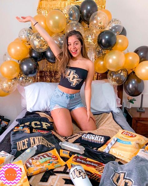 lo + jo college apparel™ on Instagram: “UCF Bed Party Essentials” College Choice Reveal Ideas, Ucf Bed Party, College Commitment Pictures Bed, College Decision Bed, College Announcement Ideas, College Acceptance Announcement, College Decision Pictures, College Acceptance Pictures, College Decision Reveal