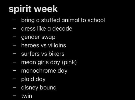 Spirit Themes High Schools, Spirt Week Ideas Homecoming, Fun High School Events, Student Council Events High School, Spirit Week Ideas Middle School, High School Dance Themes Ideas, Spirit Day Themes High School, Student Council Fundraiser Ideas, School Spirit Week Ideas Highschool