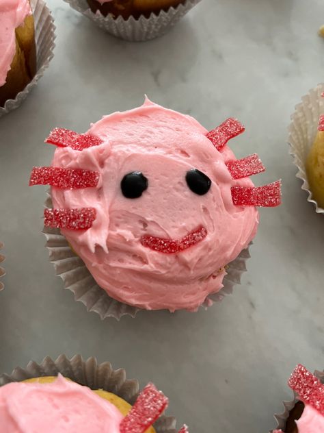 Axolotl Cupcake Cake, Salamander Birthday Party, Axolotl Theme Birthday, Axolotl Cake Pops, Diy Axolotl Crafts, Axolotl Cupcake Ideas, Axolotl Party Food, Minecraft Axolotl Cake, Axolotl Birthday Party Decorations