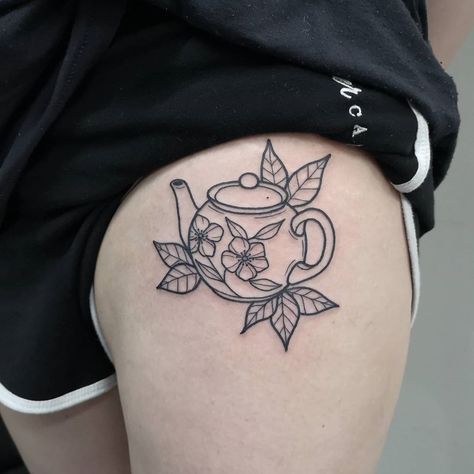 Tea Flash Tattoo, American Traditional Teapot Tattoo, Simple Teacup Tattoo, Teapot Teacup Tattoo, Teapot With Flowers Tattoo, Tea Pot Tattoo, Cup Of Tea Tattoo, Tea Tattoos, Teapot Tattoo