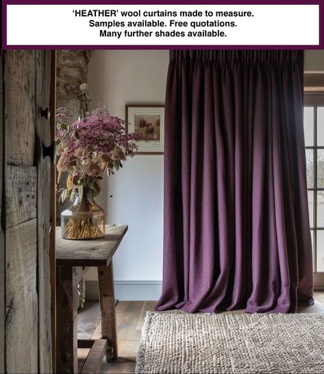 AUBERGINE PURPLE WOOL FABRIC SAMPLE. MTM WINDOW CURTAINS PENCIL EYELET PINCH BAY Dark Purple Curtains Living Room, Lilac Curtains, Purple Curtains Aesthetic, Wool Curtains, Muted Purple Curtains, Vintage Purple Curtains, Curtains Purple, Short Plum Curtains, Purple Drapes