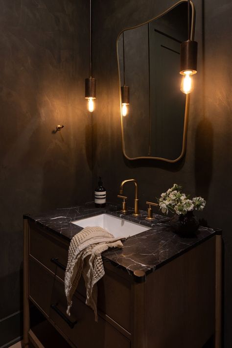 Rolling Hills Estates — South Harlow Interiors Dark Limewash Walls Bathroom, Powder Room Ideas Dark, Small Bathroom Addition, Dramatic Powder Room, Dark Brown Bathroom, Moody House, Room Ideas Dark, Limewash Walls, Dark Bathroom