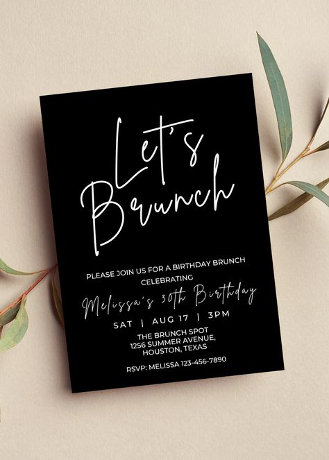 Birthday Brunch Invitations, Digital Invitations Birthday, Baby Brunch, 70th Birthday Invitations, 80th Birthday Invitations, Email Invitation, 70th Birthday Parties, Black Minimalist, Birthday Brunch