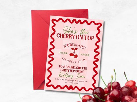 She’s the cherry on top🍒⬆️❤️ Link in our bio to shop this customizable template! Shes The Cherry On Top, Cherry Aesthetics, Cherry Birthday, Cherry Party, Dirty Shirley, Hens Party Themes, Bride Cake, 24 Birthday, Brides Cake