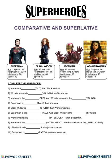 Comparative And Superlative Activities, Comparative And Superlative Worksheets, Superlatives Worksheet, Comparative Adjectives Worksheet, Comparatives And Superlatives, Comparative And Superlative, Efl Teaching, English Adjectives, Superlative Adjectives