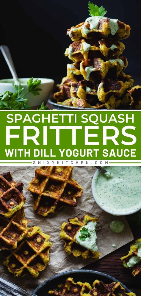 Out of easy back-to-school recipe ideas? Try this Spaghetti Squash Fritter with Dill Yogurt Sauce! They're crispy on the outside, tender and moist on the inside, and booming with flavor. Pin this easy recipe for Fall! Spaghetti Squash Fritters, Dill Yogurt Sauce, Vegetarian Appetizers Easy, Vegetarian Party Food, Squash Fritters, Recipe For Fall, Easy To Make Appetizers, Easy Autumn Recipes, Bite Size Appetizers