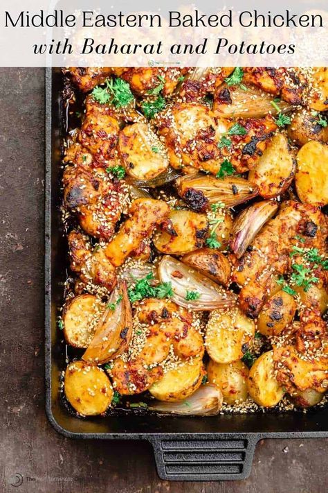 Baked Boneless Chicken Thighs with Baharat Chicken Thighs With Potatoes, Baked Boneless Chicken, Baked Boneless Chicken Thighs, The Mediterranean Dish, Potato Dinner, Chicken And Potatoes, Boneless Chicken Thigh Recipes, Garlic Olive Oil, Eastern Cuisine