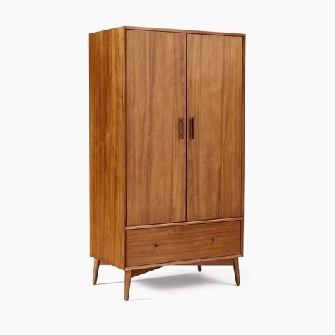 Our Mid-Century Armoire is an instant closet and versatile storage system all in one. Anticipating your every storage need, it comes with two removable hanging rods, four adjustable shelves, a deep drawer, three hooks and a full-length mirror. #dwellshop #modernbedrooms #wardrobedesigns #wardrobe #armoire Mid Century Daybeds, Mid Century Bed, 60s Furniture, Modern Dresser, Room Planning, Dressers And Chests, Bedroom Collection, Apartment Ideas, Dresser As Nightstand