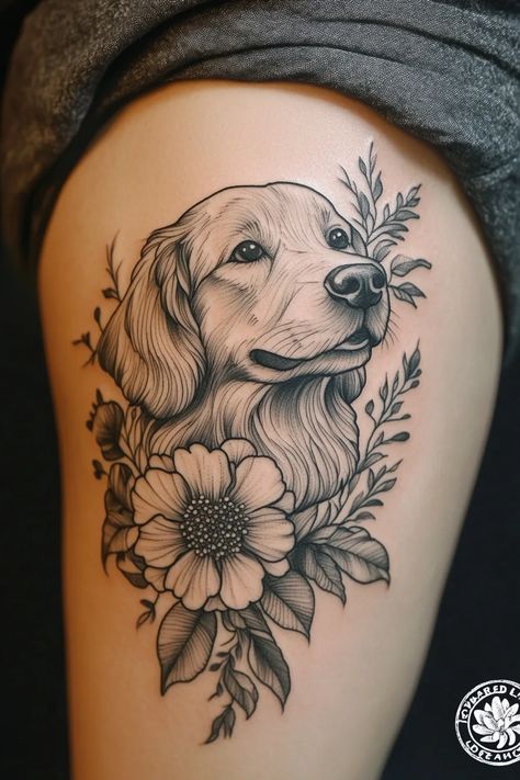 Golden Retriever Tatoeage Ideeën 38 Black And Grey Dog Tattoo, Dog Tattoo Thigh, 3 Dogs Tattoo, Tato Dog, Doodle Dog Tattoo, Cavalier King Charles Spaniel Tattoo, Dog Tattoo Portrait, Subtle Dog Tattoo, Australian Shepherd Tattoo