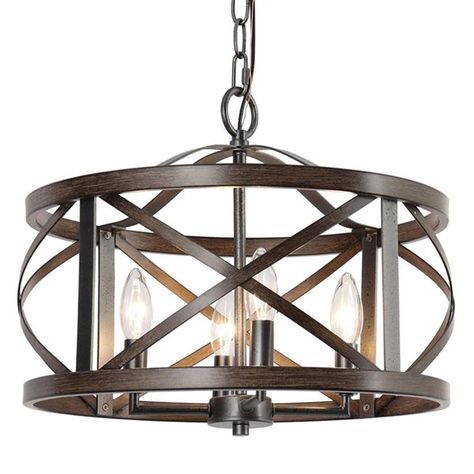 This farmhouse chandelier light is designed in finely mill work sleek drum shape, constructed of durable wrought iron in distressed rusty black and faux dark wood tone to add much farmhouse retro and with four candelabra base design to boost maximum ambiance to your home place. Flat, sloped, slanted, or vaulted ceiling compatibleDrum chandelier dimensions: 15.5 inches wide, 13.5 inches tall (measured without the chain)Takes four candelabra E12 base bulbs, up to 40W, choose a bulb shape and color Chandelier Over Kitchen Island Farmhouse, Kitchen Eating Area Lighting, Boho Chandelier Entryway, Living Room Lighting Ceiling Farmhouse, Farmhouse Light Fixtures Entryway, Modern Farmhouse Dining Room Light Fixtures, Modern Farmhouse Foyer Lighting, Entrance Lighting Entryway, Entrance Chandelier Entryway