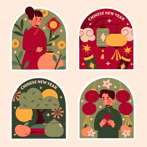 New Year Stickers, Chinese New Year Poster, Color Theory Art, Chinese Illustration, Chinese New Year Design, Stickers Collection, New Year Illustration, Infographic Poster, Work Stickers