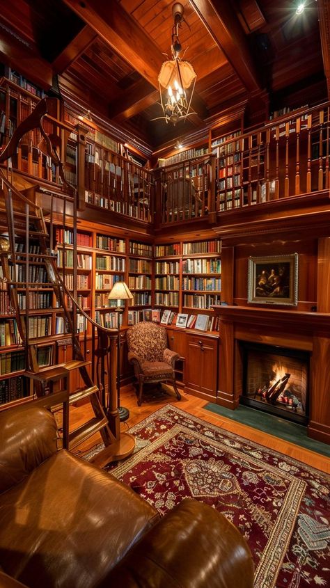 Luxurious home library with rich wood paneling, fireplace, leather chairs, and spiral staircase filled with books. A cozy haven for book lovers. Home Library Traditional, Library Room Vintage, Library With Spiral Staircase, Old Style Library, Antique Library Room, Classic Library Aesthetic, Home Library Dark Wood, Country House Library, Cozy House Library