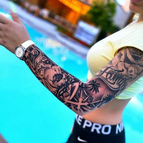 Jesus Tattoo Sleeve, Arm Sleeve Tattoos For Women, Rose Tattoo Sleeve, Feminine Tattoo Sleeves, Forarm Tattoos, Hip Tattoos Women, Jesus Tattoo, Forearm Tattoo Women, Dope Tattoos For Women