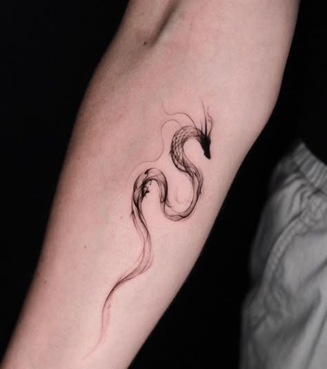 Brushstroke Dragon Tattoo, Water Snake Tattoo, Smokey Dragon Tattoo, Rebirth Tattoos For Women, Black And White Snake Tattoo, Basilisk Tattoo, Sea Serpent Tattoo, Minimalist Arm Tattoo, Dragon Tattoo Around Arm