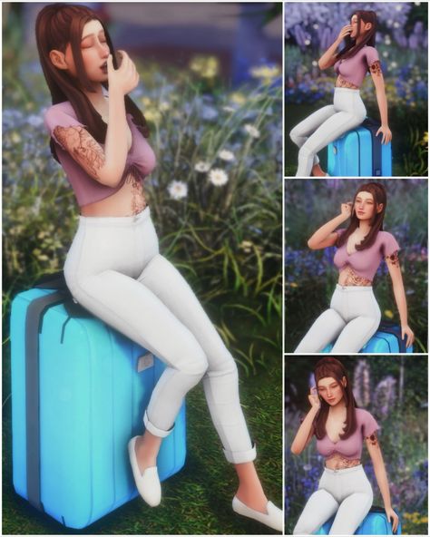 Hey Everyone! This is a pose pack for your travelling sims and uses inabadromance's straight & diagonal Beatrice Suitcase. This pack contains 9 standing poses and 3 sitting poses! Sims 4 Luggage Pose, Sims 4 Suitcase Pose, Sims 4 Travel Pose, Sims 4 Airport Pose, Sims 4 Suitcase, Sims 4 Travel Cc, Sims 4 Shopping Poses, Sims 4 Sitting Poses, Sims 4 Poses Single Female