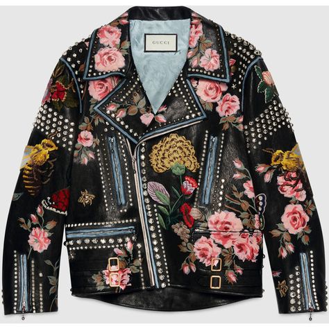 Gucci Hand-Painted Leather Biker Jacket (196,545 MXN) ❤ liked on Polyvore featuring outerwear, jackets, leather jacket, coats & jackets, coats, leather & fur, ready to wear, women, embroidered leather jacket and floral moto jacket Floral Leather Jacket, Painted Leather Jacket, Embroidered Leather Jacket, Black Motorcycle Jacket, Black Biker Jacket, Gucci Jacket, Studded Leather Jacket, Jackets Black, Studded Jacket