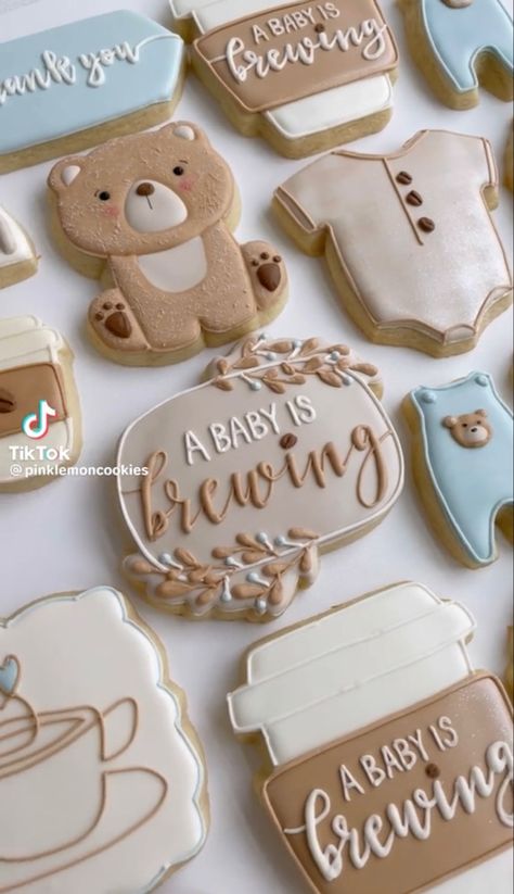 Gender Neutral Cookies Shower Ideas, Gender Reveal Coffee Theme, Coffee Themed Gender Reveal, Brewing Baby Shower Ideas Coffee, A Baby Is Brewing Baby Shower Ideas Fall, Coffee Baby Shower Cookies, Bean Baby Shower Ideas, Coffee Theme Gender Reveal, Baby Brewing Baby Shower Ideas