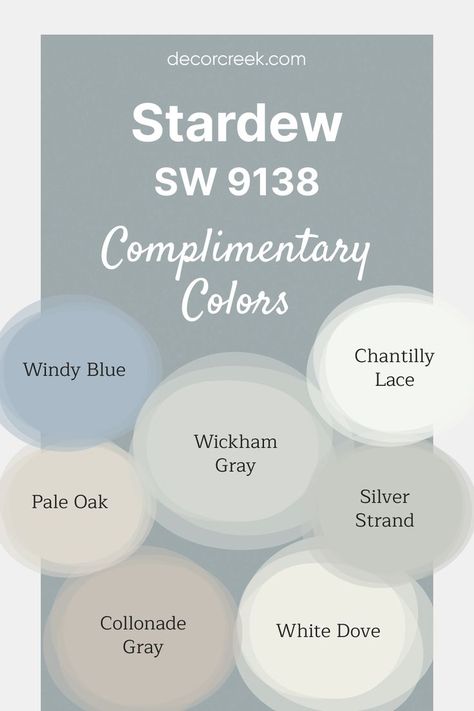 The palette features calming neutrals like Collonade Gray and Pale Oak, enhancing the soft tones of Stardew SW 9138. Crisp whites such as White Dove and Chantilly Lace provide fresh contrast, ideal for trim or ceilings. Cool shades like Silver Strand, Wickham Gray, and Windy Blue add balance, creating a cohesive and serene color scheme. Sw Knitting Needles, Sw Stardew, Light Blue Exterior House Colors, Sherwin Williams Stardew, Collonade Gray, Wickham Gray, Blue Exterior House Colors, Light Blue Grey Paint, Windy Blue