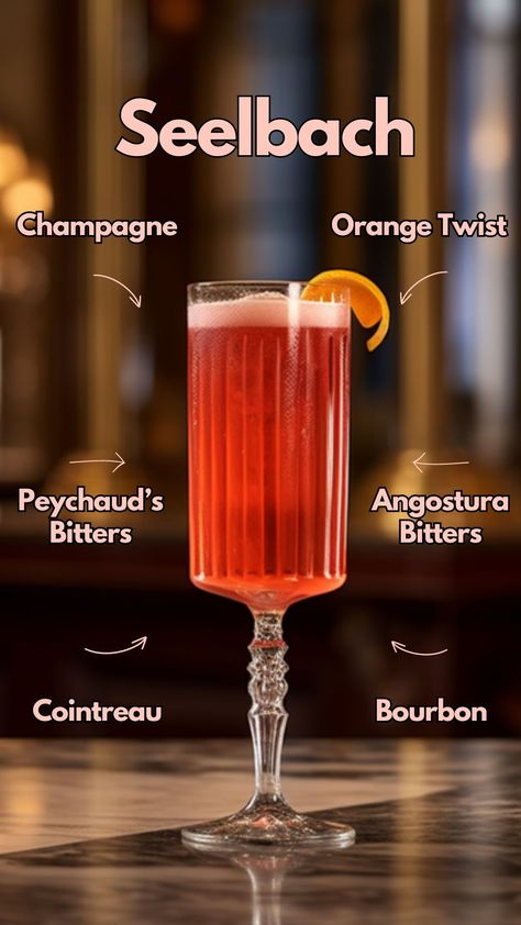 Originating from Louisville, Kentucky, this classic cocktail combines bourbon, Cointreau, and champagne for a unique taste. #Seelbach Bourbon Champagne Cocktail, Seelbach Cocktail, Cointreau Cocktails, Cocktail Cards, Champagne Cocktails, Cocktail Book, Bourbon Cocktails, Summer Cocktail Recipes, Champagne Cocktail