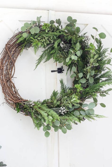 DIY | Asymmetrical Wreath Diy Magnolia Wreath, Preserved Boxwood Wreath, Diy Woodland, Hanging Christmas Lights, Pom Pom Wreath, Cottage Market, Winter Wreaths, Natural Wreath, Felt Wreath