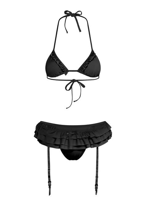 GARTER LINGERIE INSPIRED BIKINI SET IN BLACK. FRILL RUFFLE DETAILS WITH REMOVABLE SUSPENDER STRAPS FABRIC COMPOSITION: 82% POLYAMIDE & 18% SPANDEX CARE INSTRUCTIONS: HAND WASH ONLY DRY FLAT OUT OF DIRECT SUNLIGHT Bathing Suit Png, Suit Png, Bow Bag, Girl Closet, Fabulous Fabrics, Crazy Shoes, Black Swimsuit, Playing Dress Up, Beautiful Outfits