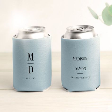 Engagement Party Koozies, Wedding Can Koozie Ideas, Engagement Koozies, 2025 Bride, Elegant Names, Dusty Blue Wedding, Wedding Koozies, Dusty Blue Weddings, Wedding Elegant