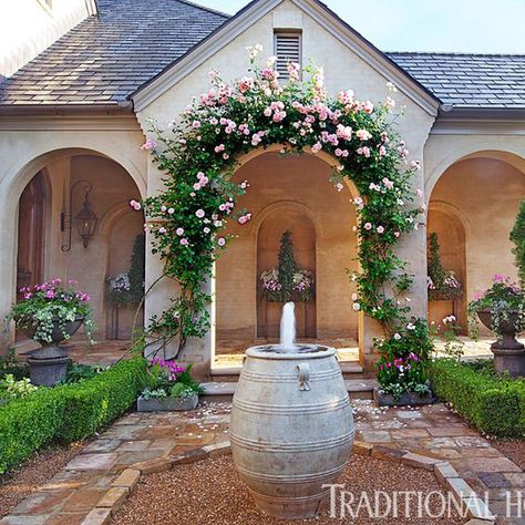 French Courtyard, Building A Trellis, Emerald Green Arborvitae, Garden Vines, Garden Entrance, Climbing Roses, Garden Care, Beautiful House, Courtyard Garden