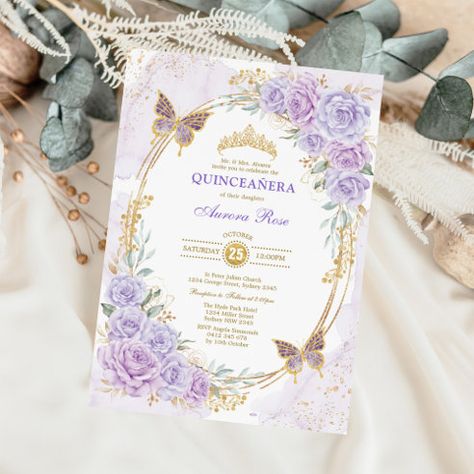 Quinceañera Invitations & Invitation Templates | Zazzle Watercolor Flower, Quince, Quinceanera, Gold Glitter, Tiara, Butterflies, Lilac, Lavender, Roses