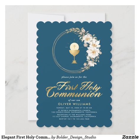 Holy Communion Invitation Cards, Trendy Lettering, Gold Chalice, Modern Bold Fonts, White Floral Wreath, Typography Script, Holy Communion Invitations, Communion Invitations, Navy Background