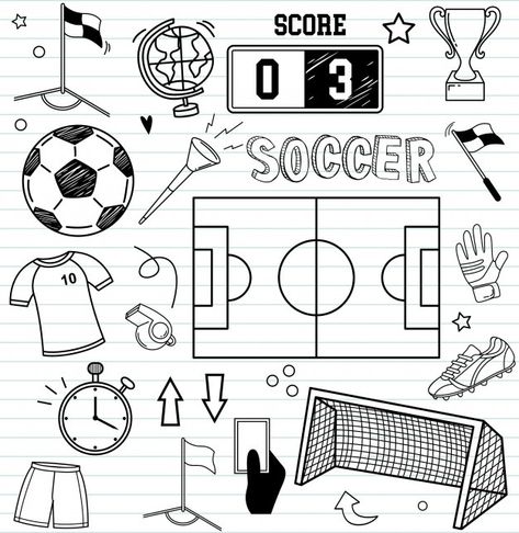 Doodles icono y elementos de fútbol Vect... | Premium Vector #Freepik #vector #fondo #mano #papel #dibujos-animados Soccer Tattoos, Banner Doodle, Soccer Drawing, Football Drawing, Sports Drawings, Sketch Note, Cool Doodles, Soccer Poster, Football Themes