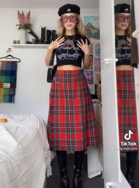 Plaid Skirt Band Tee, Red Kilt Outfit, Long Pleated Plaid Skirt, Plaid Midi Skirt Outfit Aesthetic, 80s Plaid Outfits, Long Plaid Skirt Outfit Aesthetic, Checkered Midi Skirt, Kilt Skirt Outfit, Tartan Long Skirt