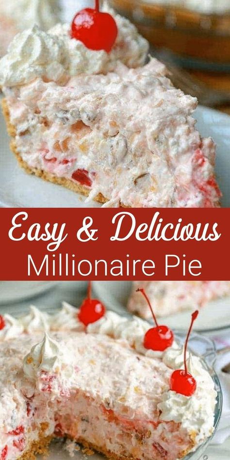 Easy & Delicious Millionaire Pie Recipe – Millionaire Pie is a family favorite. A rich creamy base is loaded with pecans, coconut, pineapple and cherries. You’ll need just about 5 minutes to prepare this pie and no baking is required! Raisin Pie Recipe Easy, Millionaire Pie Recipe, Pineapple Dessert Easy, Buckeye Balls Recipe, Impossible Coconut Pie, Pie Recipe Easy, Pie No Bake, Millionaire Pie, Baking Recipes Pie