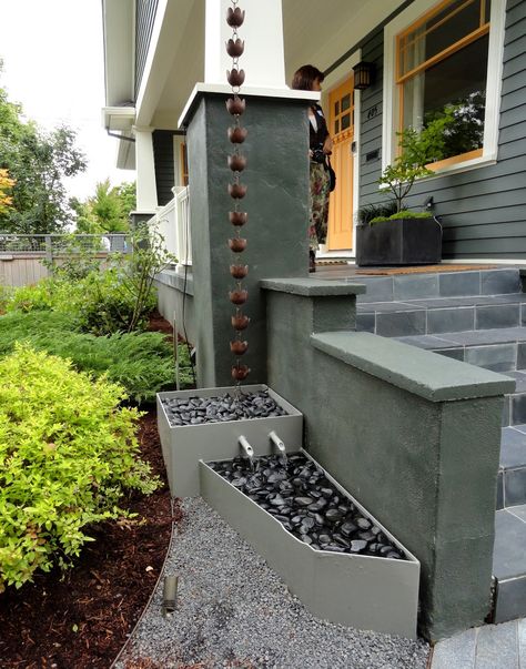 House With Rain Chain, Rain Chain Drainage Ideas, Rain Chains Gutter Downspout Ideas, Stick Fences, Japanese Rain Chain, Rushing Water, Rain Chains, Rain Chain, Water Collection