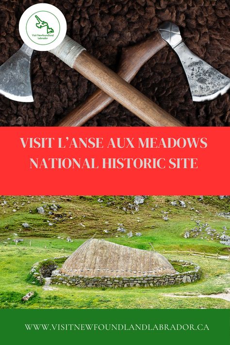 Journey back in time and walk where Vikings once did at L'Anse aux Meadows National Historic Site, Newfoundland!  This Heritage Site boasts fascinating archaeological remains, including recreated Viking settlements.  Meet costumed interpreters, discover artifacts, and be awestruck by the rugged coastline views.  #Newfoundland #VikingHistory #CanadaTravel #Travelgram #HistoricSites L'anse Aux Meadows, Viking History, Newfoundland And Labrador, Museum Shop, Canada Travel, Newfoundland, Unesco World Heritage Site, Back In Time, Heritage Site