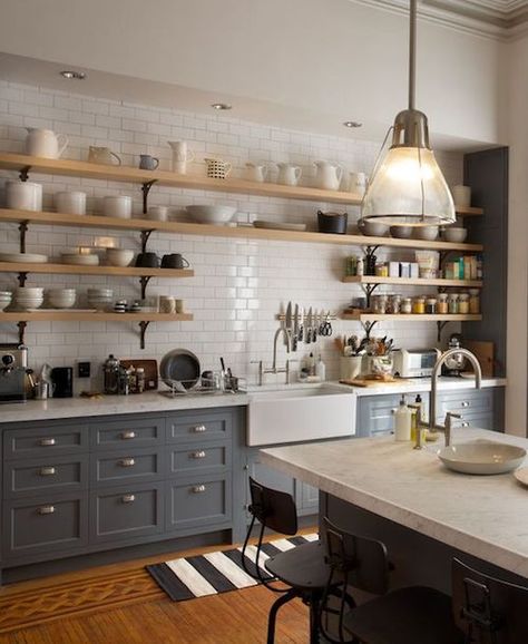 Open shelving ideas for our DIY kitchen remodel. Kitchen Open Shelving Decor, Kitchen Open Shelving Ideas, Kitchen Open Shelves, Trendy Kitchen Colors, Classic Kitchen Design, Shelves Ideas, Fancy Kitchens, Traditional Kitchen Design, Kitchen Open