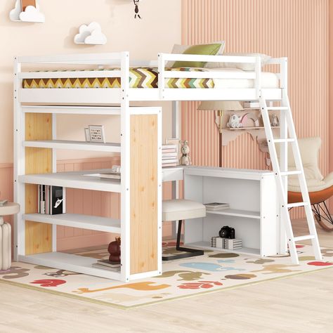 Shelves And Desk, Full Size Loft Bed, Ladder Shelves, Bed With Ladder, Books School, Loft Bed Frame, Pine Plywood, Bed Shelves, Study Area