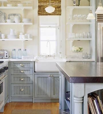 Farmhouse Sink Complements a Cottage Kitchen - love the #kitchen shelves Grey Blue Kitchen, Cottage Style Kitchen, Blue Kitchen Cabinets, Kitchen Cabinet Styles, Cottage Kitchens, Blue Cabinets, White Dishes, Kitchen Tiles Backsplash, Blue Kitchens