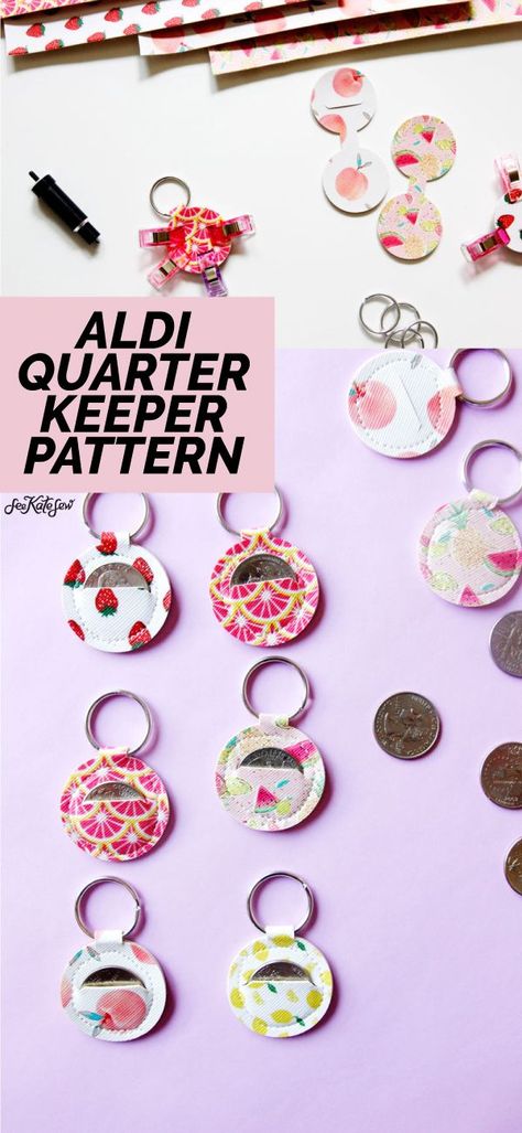 Make your own Aldi quarter keeper with this FREE Aldi Quarter Keychain Sewing Pattern! It's fun to sew and super easy! || See Kate Sew #keychains #cricutproject #freepattern #seekatesew Keychain Sewing Pattern, Keychain Sewing, Quarter Keeper, Quarter Holder, Sewing Simple, Sewing Christmas Gifts, Sew Projects, Sewing Things, Diy Cricut