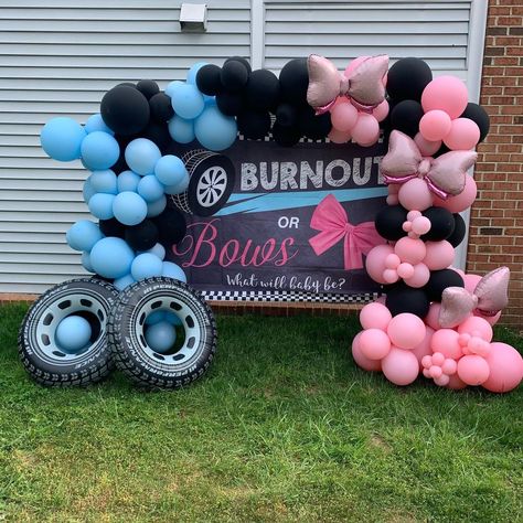 Bike Gender Reveal Ideas, Gender Reveal Racing Theme, Garage Gender Reveal, Tires Or Bows Gender Reveal, Burn Outs And Bows Gender Reveal, Gender Reveal Ideas Car Exhaust, Gender Reveal Ideas For Car Guys, Gender Reveal Ideas Heels Or Wheels, Gender Reveal Ideas Racecar