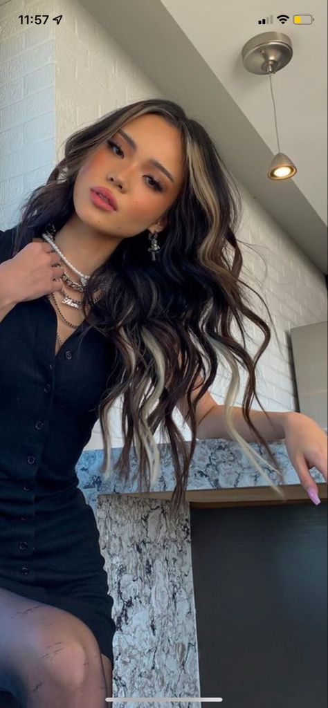 Hair Color Ideas With Black Roots, Black Roots Balayage Ash Blonde, Highlight Hair Extensions, Bellami 20 Inch Hair Extensions, Black Hair With Light Money Piece, Hair Color Ideas For Long Black Hair, Black Blonde And Brown Hair, Black Brown Blonde Balayage, Black Hair Brown Peekaboo