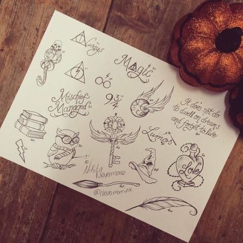 Harry Potter Sketch, Hp Tattoo, Potter Tattoo, Harry Potter Tattoos, Theme Harry Potter, Harry Potter Tattoo, Flash Sheet, Harry Potter Drawings, Diy Tattoo