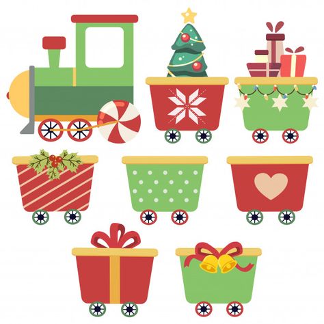 Collection of cute train with wagons Pre... | Free Vector #Freepik #freevector #freechristmas #freechristmas-tree #freetree #freewinter Christmas Train Drawing, Christmas Train Illustration, Winter Train, Train Illustration, Train Drawing, Train Decor, Holiday Train, New Year Postcard, Tree Winter