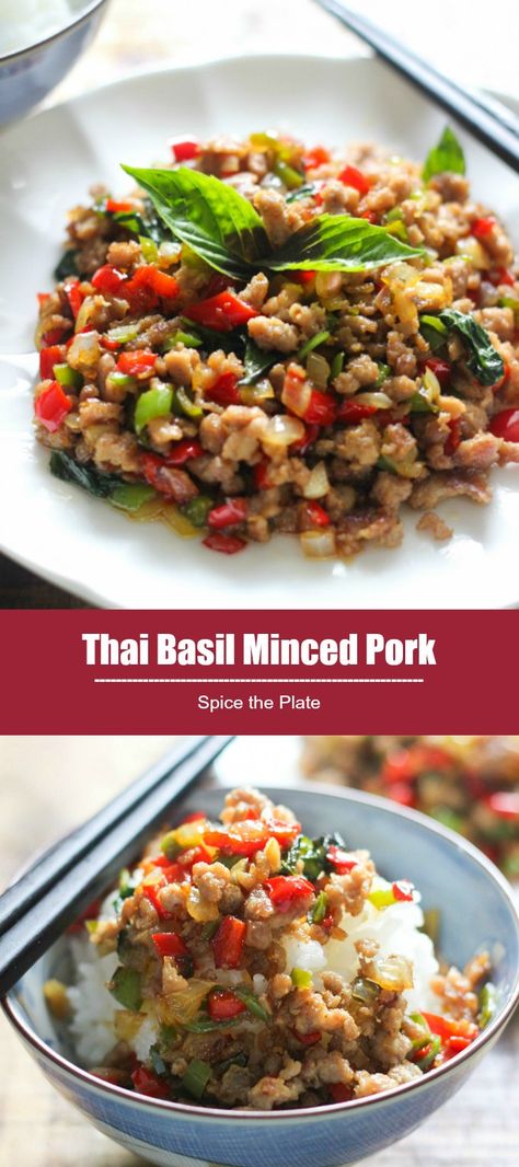 Thai Basil Minced Pork Asian Recipes Beef, Thai Basil Recipes, Thai Basil Pork, Pork Mince Recipes, Pork Spices, Ground Pork Recipes, Minced Meat Recipe, Recipe Pork, Minced Pork