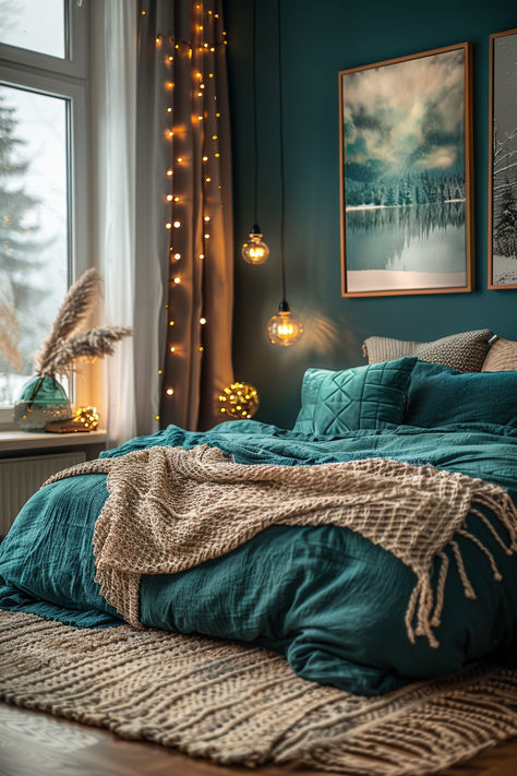 cozy bed, winter bedroom decor, christmas bedroom decor, christmas home decor, cozy bedroom Bright Cosy Bedroom, Teal Accent Bedroom, Teal Room Ideas Bedrooms, Brown And Teal Bedroom, Grey And Teal Bedroom Ideas, Dark Turquoise Bedroom, Teal Kids Bedroom, Teal Color Palette Bedroom, Teal And Copper Bedroom